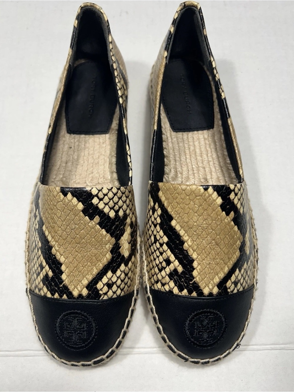 Tory Burch Cap Toe Logo Espadrilles In Snake Leather Size: 7